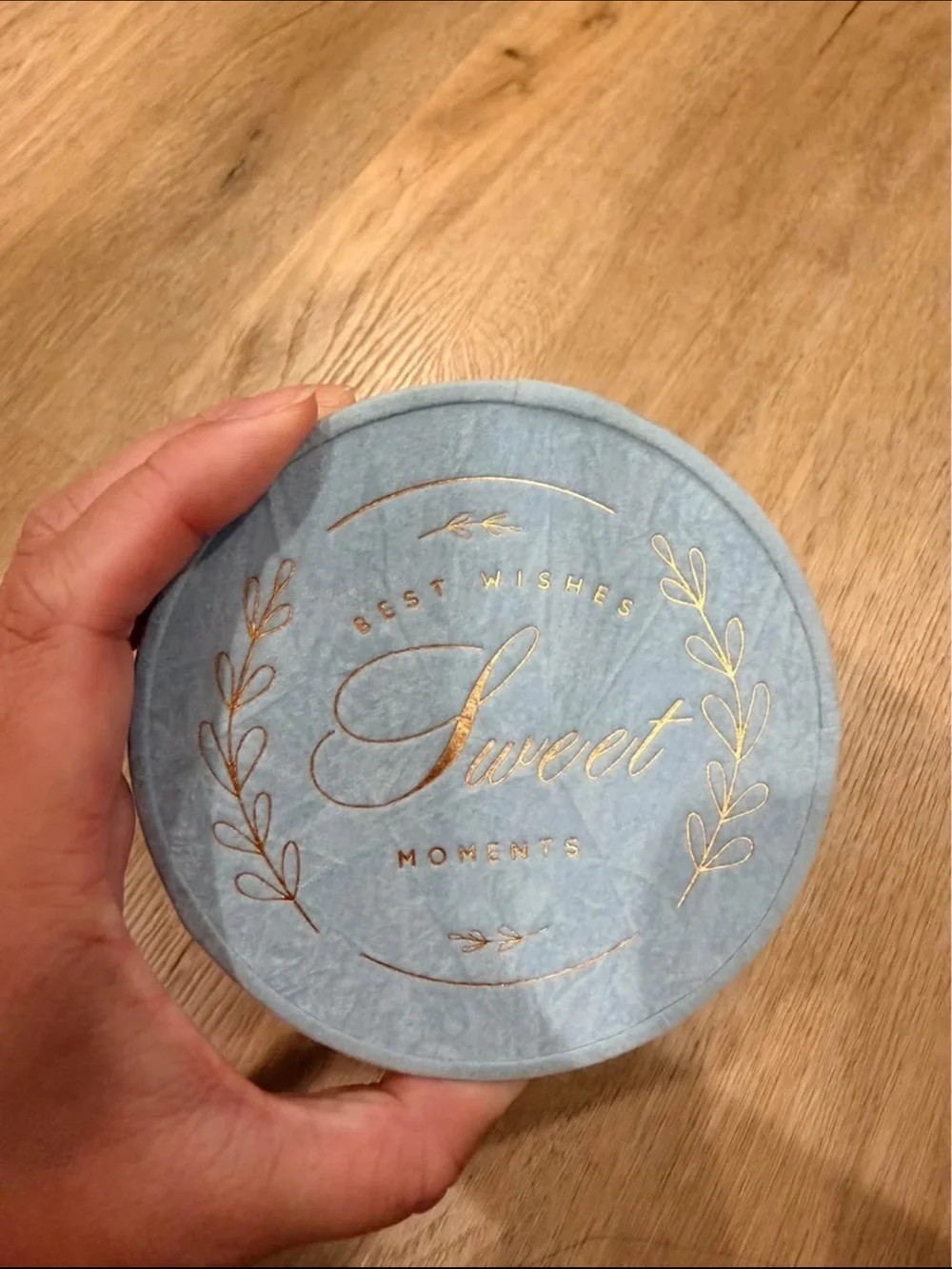 Blue Round Trinket Box with Gold Foil 'Sweet' Design
